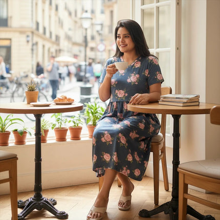 A woman wearing a CozyFab blue midi dress with a pink floral print, sitting in a cafe with a cup of coffee.