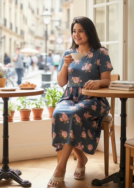 A woman wearing a CozyFab blue midi dress with a pink floral print, sitting in a cafe with a cup of coffee.
