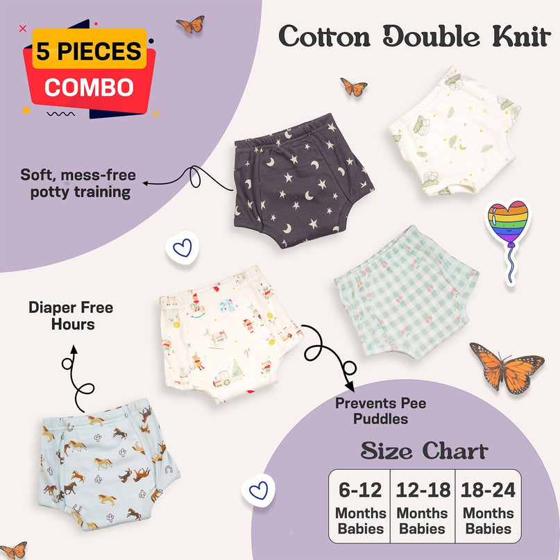 CozyFab 5-piece set of cotton double knit potty training underwear for babies with various colorful patterns.