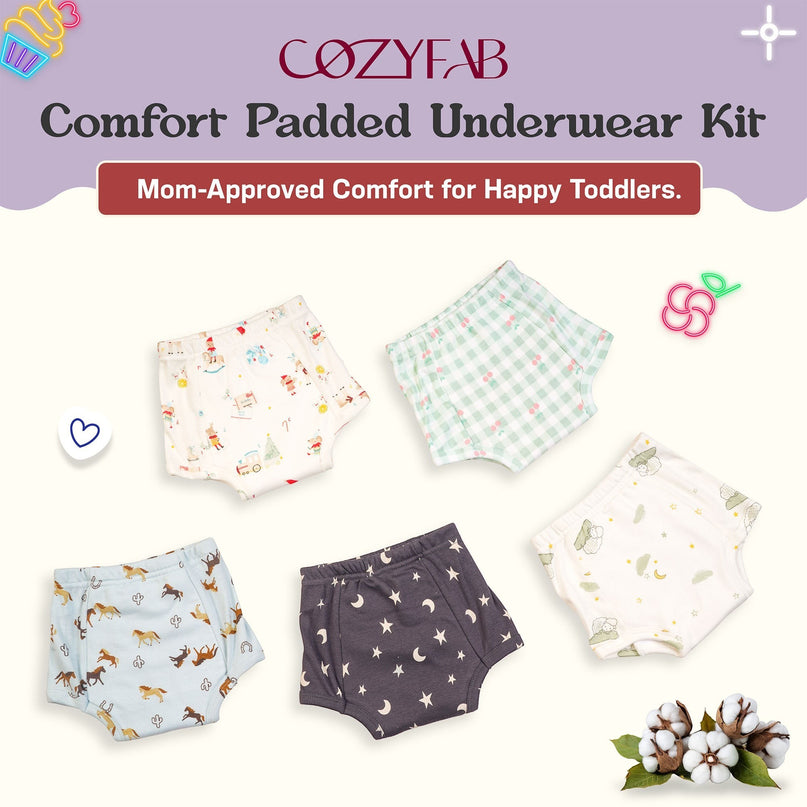 CozyFab 5-piece kids underwear set featuring soft cotton training pants with various cute patterns and prints.