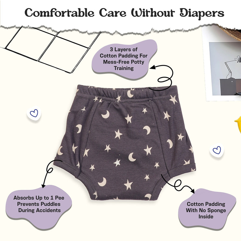 CozyFab kids potty training underwear in dark grey with white moon and star print featuring triple cotton padding